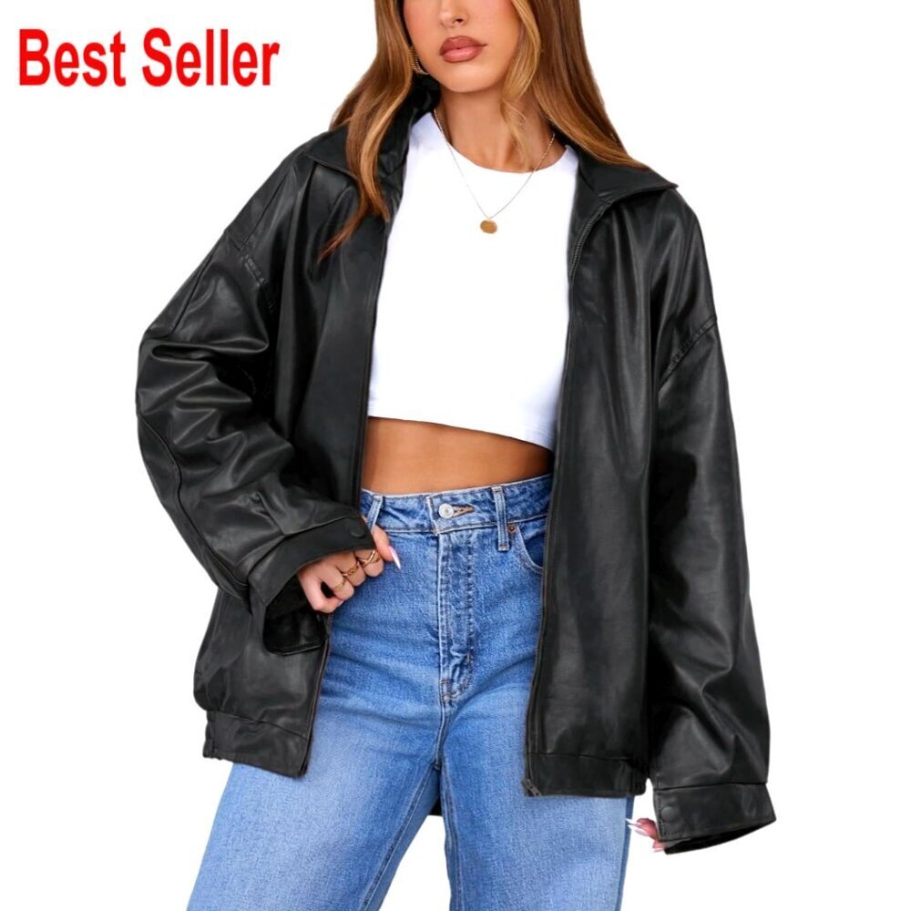 Faux Leather Oversized Motorcycle Bomber Jacket Fall Winter